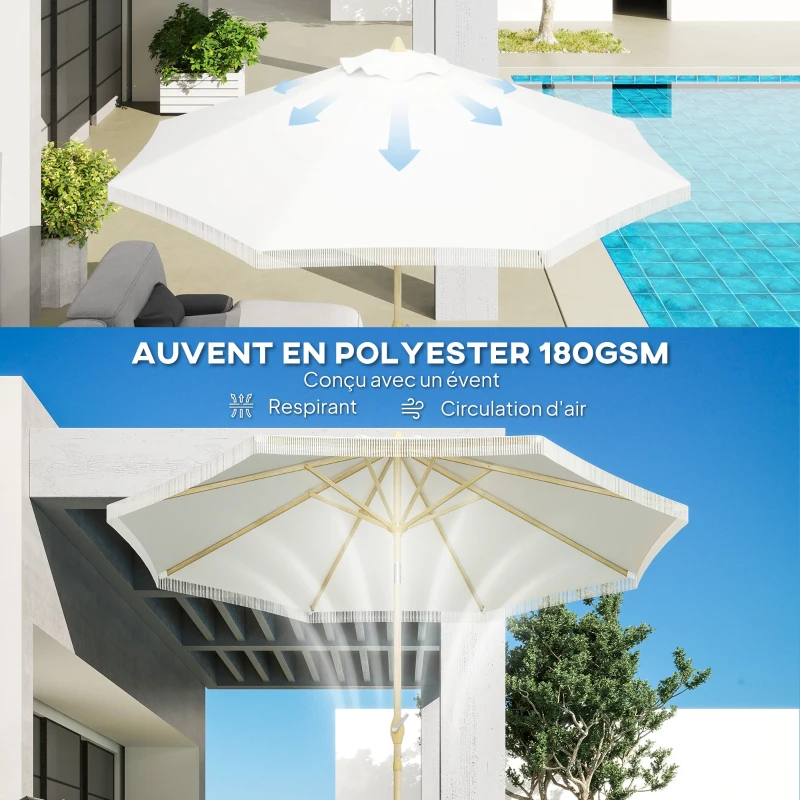 Outsunny Tilting Garden Parasol with Crank and Fringe, Bohemian Style, 8 Ribs, Ø 265 x 244 cm, White