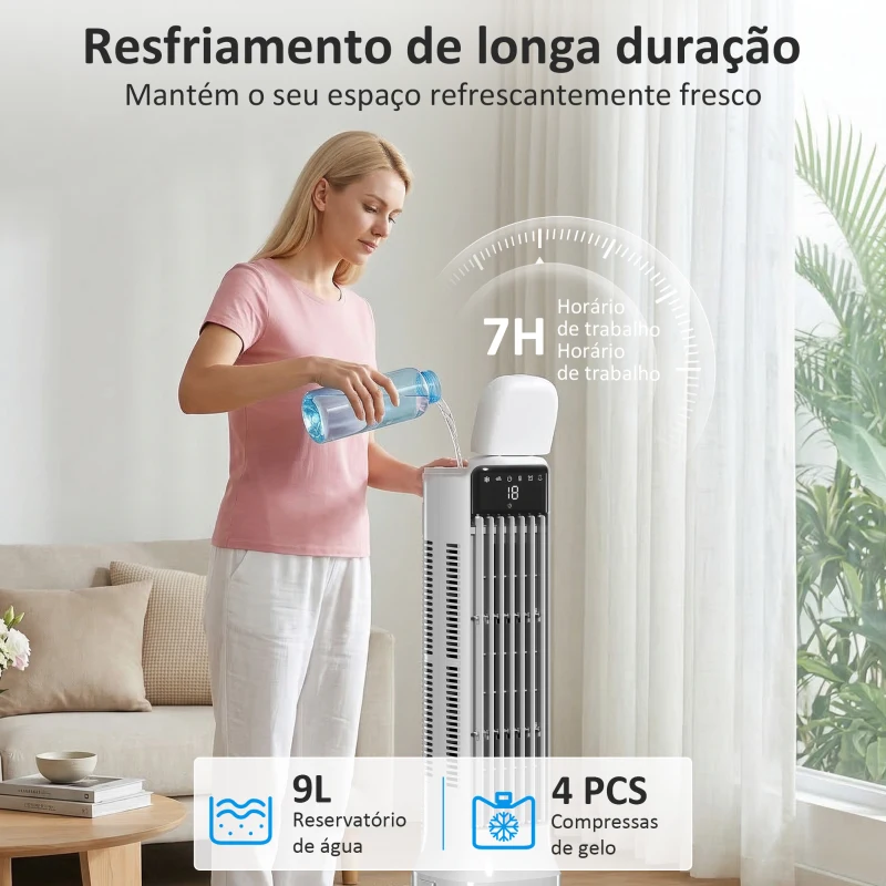 HOMCOM Ventilador Evaporativo de Torre 3 em 1 com Depósito de 9 L Oscilação 48° 3 Velocidades 3 Modos Temporizador Branco