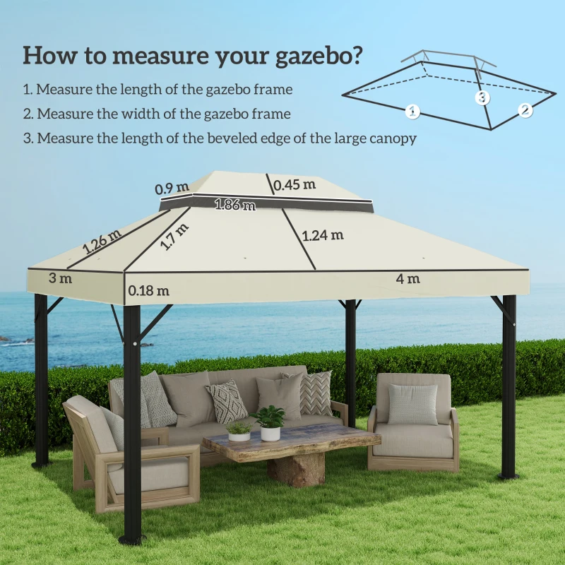 Outsunny Gazebo Canopy Replacement, 2-Tier UPF30+ Protection, Drainage Holes, 4 x 3 m, cream