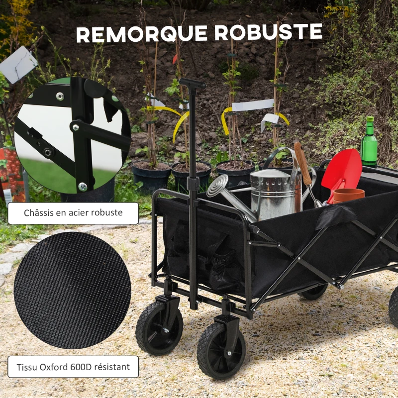 Outsunny Foldable Garden Cart 4 Wheels Removable Cover Telescopic Handle Adjustable Tilt Foldable Tray black