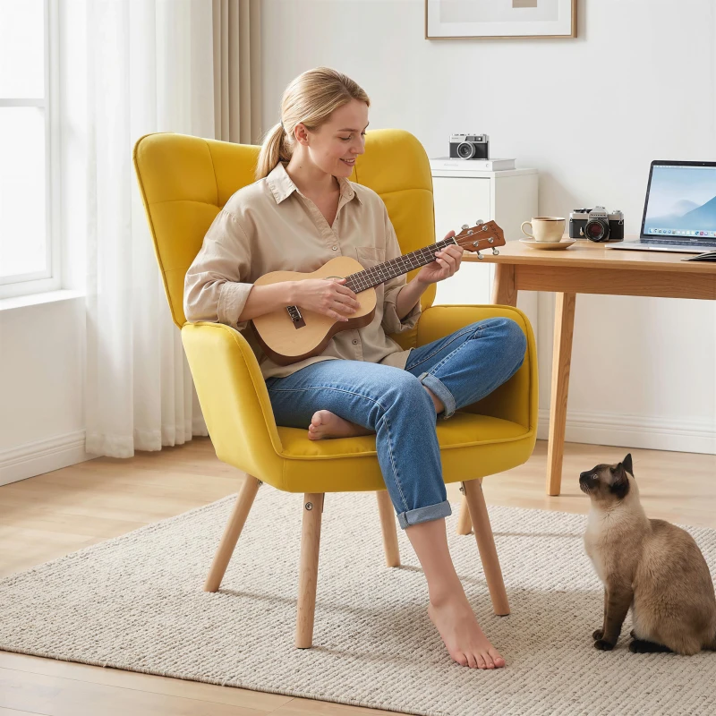 HOMCOM Modern Accent Chair, Upholstered High Back Armchair with Tufted Wingback, Seat Padding, Velvet Leisure Lounge Bedroom Chair with Wood Legs, Yellow