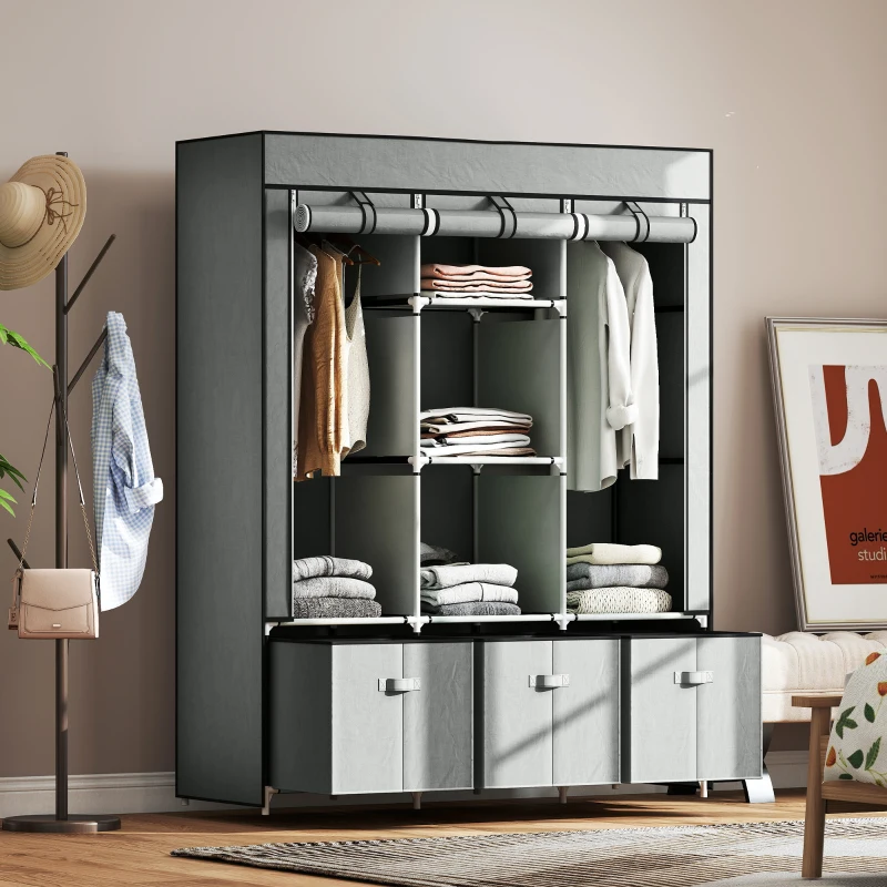 HOMCOM Foldable Fabric Wardrobe for Bedroom, Portable Wardrobe with 5 Shelves, 2 Hanging Rails and 3 Fabric Drawers, Light Grey