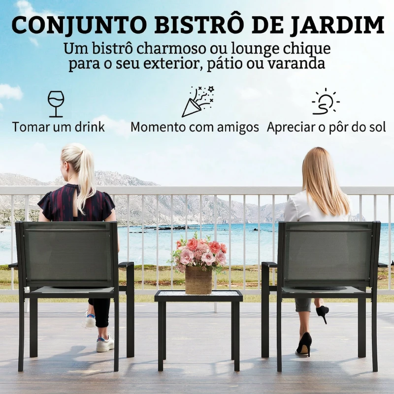 Outsunny Conjunto de Mesa e Cadeiras com 3 peças Conjunto de Jardim 2 Cadeiras de Textilene e Mesa de Vidro  Cinza Claro