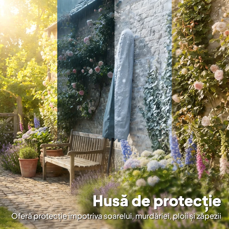 Outsunny Umbrelă de Grădină 3x3 m Înclinabilă cu Sistem de Deschidere cu Manivelă, din Metal și Poliester, Gri
