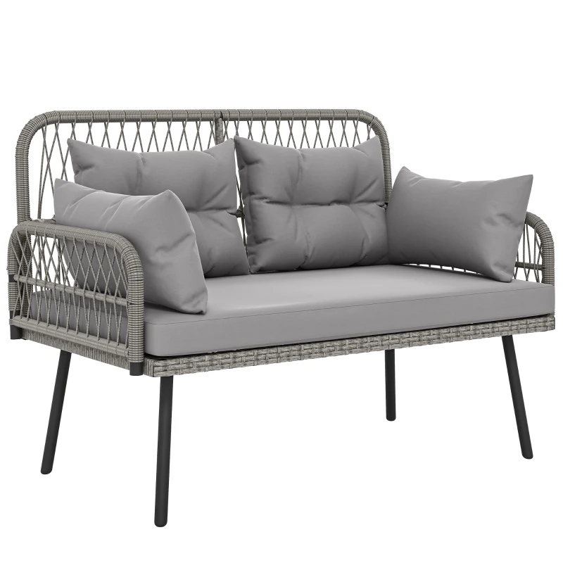 Outsunny 2-Seater Woven Resin Garden Sofa with Cushions and Pillows, Outdoor Sofa with Armrests, Dark Gray