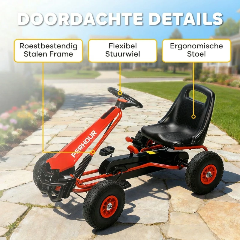 AIYAPLAY Trap-Gokart voor kinderen, in hoogte verstelbare zitting, EVA-wielen, rem, koppeling, 3-8 jaar, Rood(m-7)