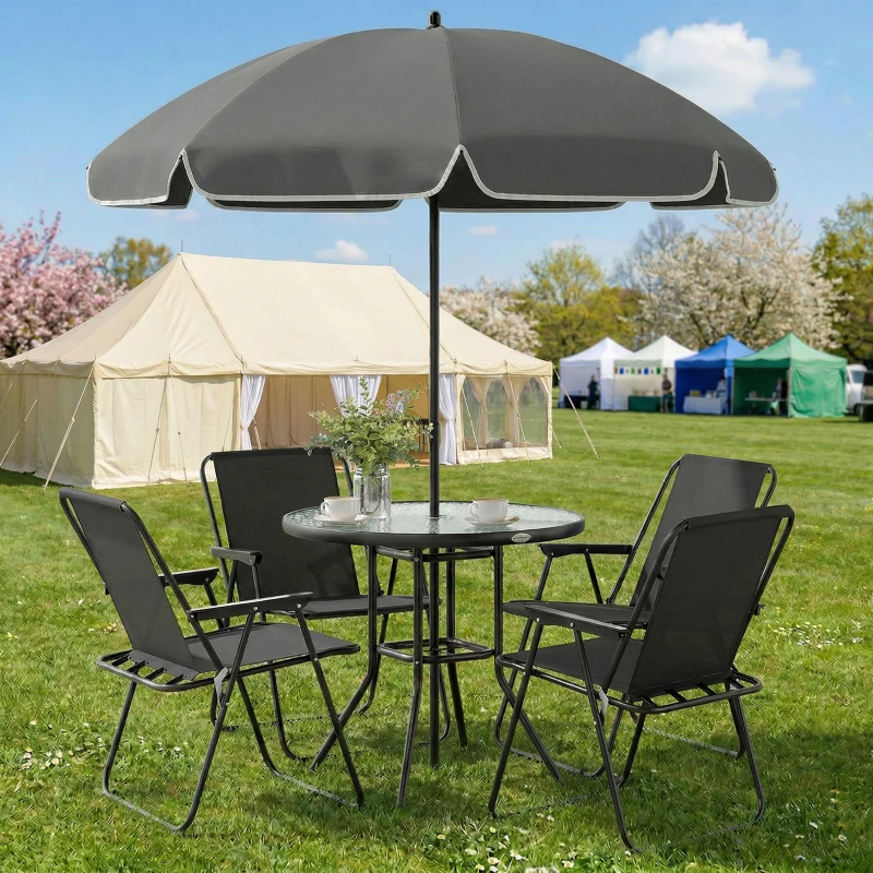 Outsunny 4 Seater Garden Furniture Set, 6 Pieces Garden Table and Chairs with Parasol for Patio, Black