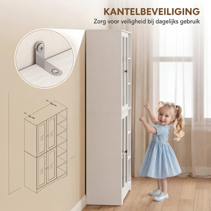 HOMCOM Keukenkast met glazen deuren, planken, open vakken, 172 cm hoog, MDF, Wit(m-8)