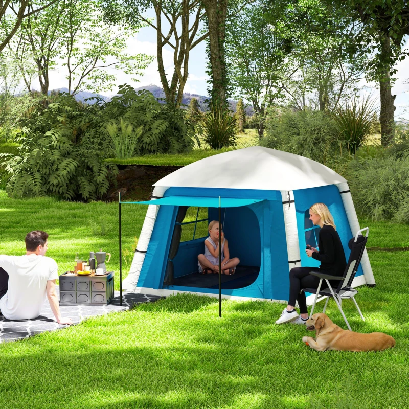 Outsunny Inflatable Camping Tent w/ Hand Pump, Easy Setup 1/2 Person Blow Up Tent Waterproof 190T Taffeta w/ Mesh Windows, Doors and Carry Bag, Light Blue