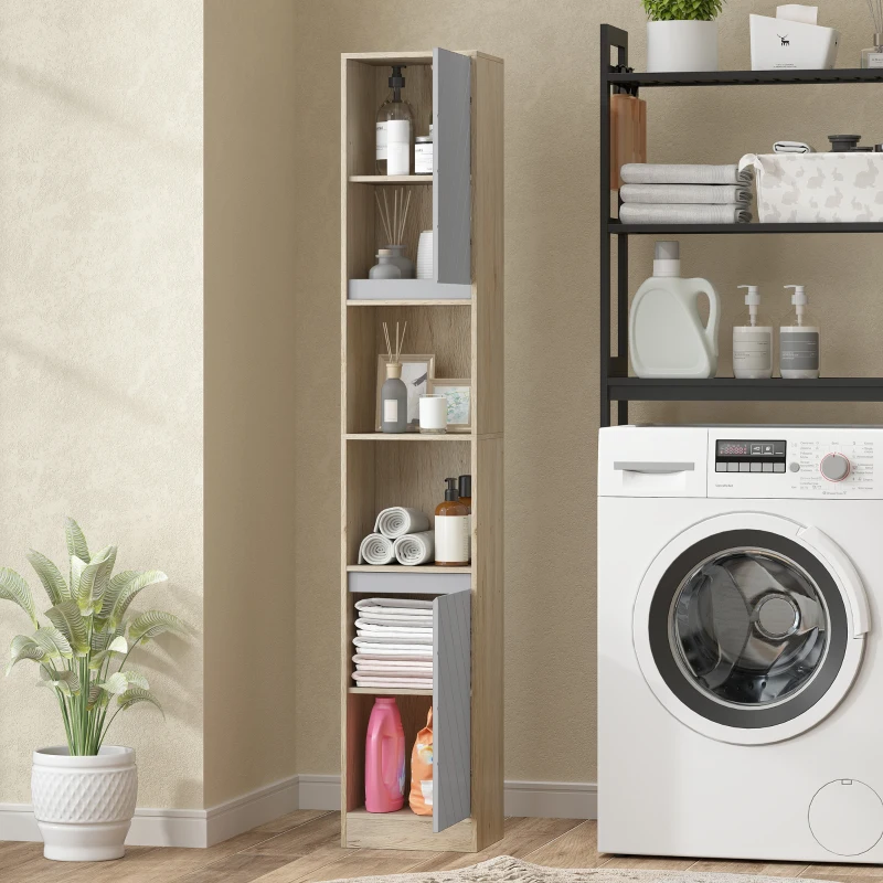 HOMCOM Freestanding Bathroom Storage Cabinet w/ 2 Cupboards 2 Compartments Home Organisation Anti-Tipping Elevated Base 30L x 24W x 170H cm Grey&Brown