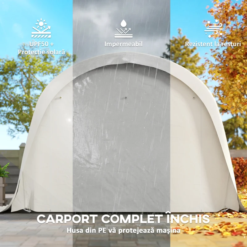Carport Outsunny 3,6 x 7,2 m Rezistent, Garaj Portabil cu Protecție Solară UPF50+, Cadru Galvanizat, Ușă Mare Rulantă pentru Mașini, Camioane, Bărci, Motociclete, Biciclete, Alb Crem