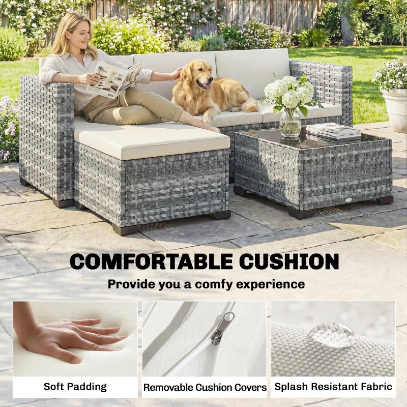 Outsunny Polyrattan Zestaw Mebli Ogrodowych 5-częściowy, Sofa Narożna z Podnóżkiem i Stolik Kawowy, Kremowy + Szary