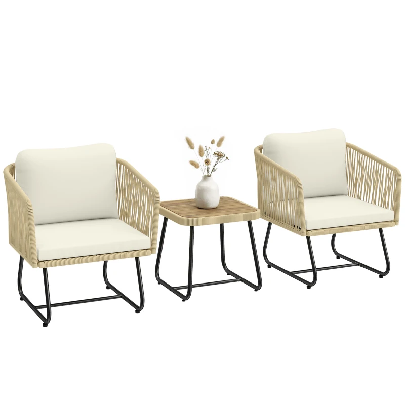 Outsunny Conjunto Bistro de Rattan 3 peças FSC Mobiliário de Jardim com 2 Poltronas, Mesa Ripada em Madeira, Almofadas Grossas Laváveis Estrutura em Aço