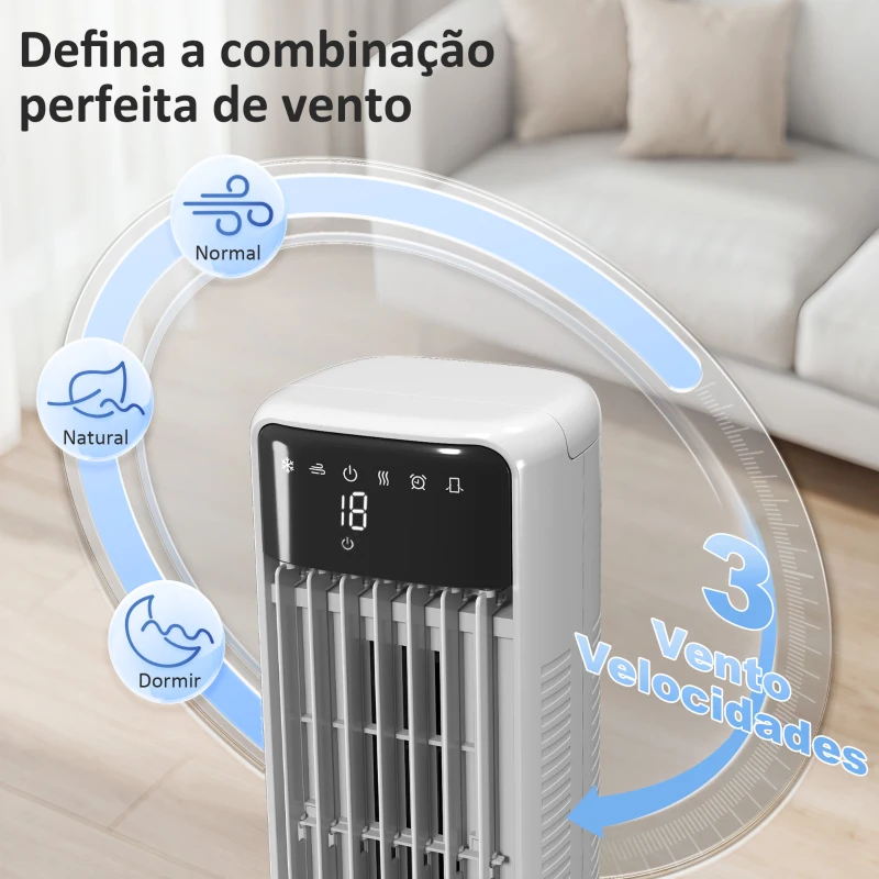HOMCOM Ventilador Evaporativo de Torre 3 em 1 com Depósito de 9 L Oscilação 48° 3 Velocidades 3 Modos Temporizador Branco