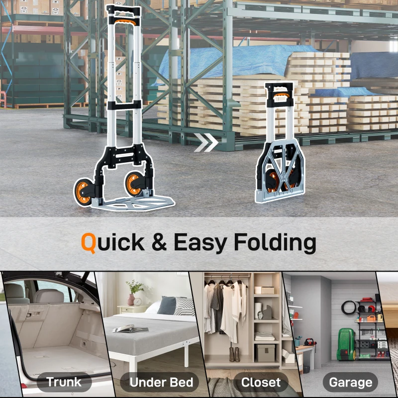 HOMCOM Folding Sack Truck, 70kg Lightweight Hand Truck with Wheels, Foldable Trolley Cart with Telescoping Handle for Warehouse, Office, Luggage, Silver Tone