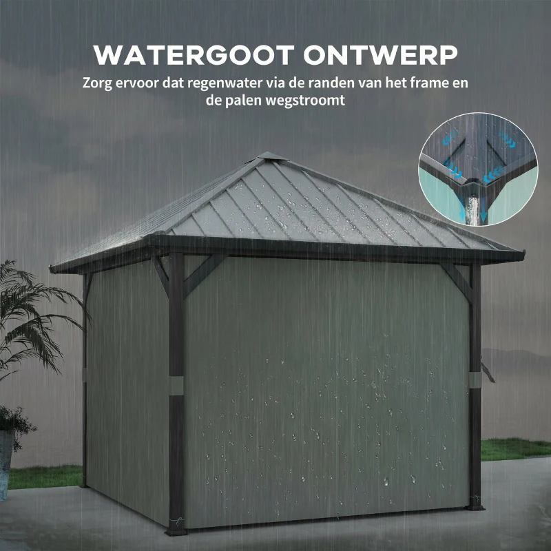 Outsunny 3 x 3m Harddak Paviljoen, Tuinpaviljoen met Metalen Dak, Waterbestendig Tuinzelt met Net en Zijwanden, Donkergrijs