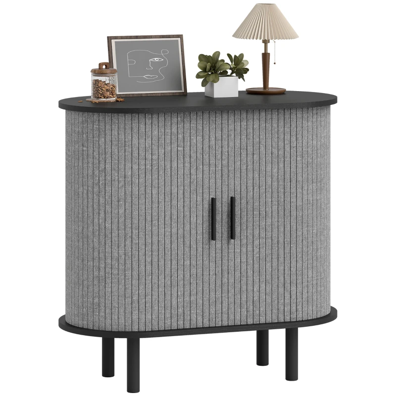 HOMCOM Tambour Sideboard with Fluted Sliding Doors, Modern Kitchen Cupboard with Storage Shelves and Wooden Legs, Grey