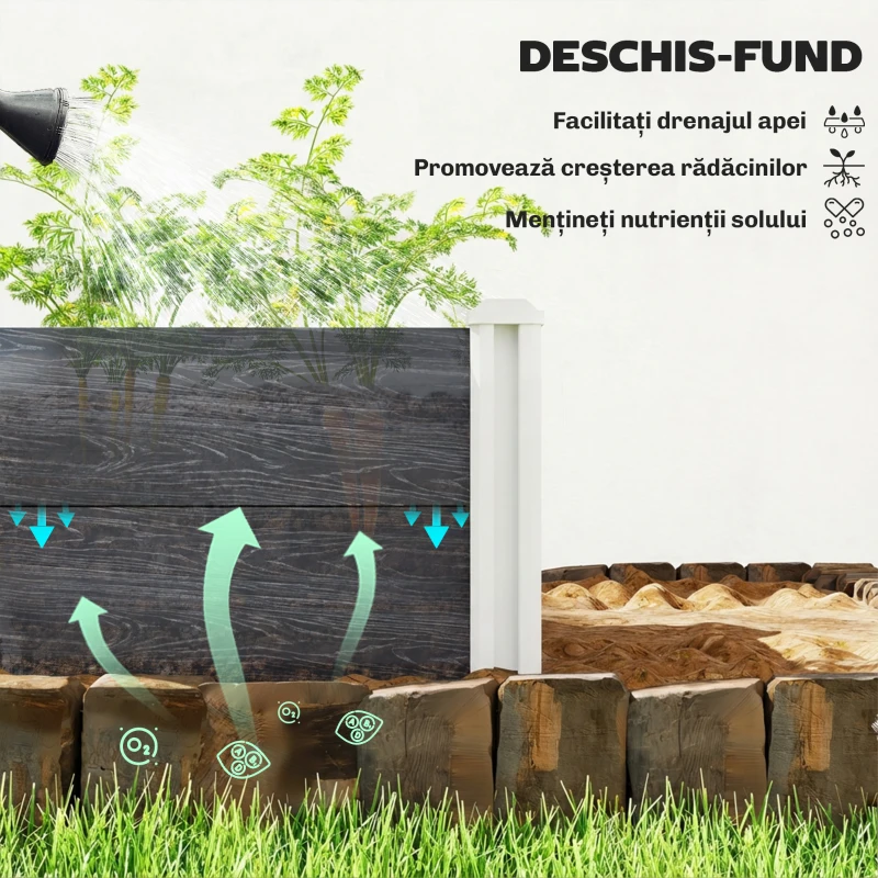 Outsunny Strat Înălțat pentru Grădină din Vinil, 102x102x33 cm, Kit Modular cu Picioare Îmbinabile și Bază Deschisă, Ghiveci pentru Culturi de Flori, Ierburi și Legume, Gri Închis
