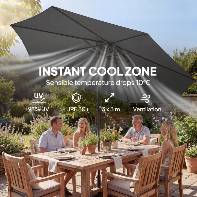 Outsunny Parasol ogrodowy Ø300 cm z korbką, podstawą krzyżową i workiem piaskowym, UV 30+, ciemnoszary