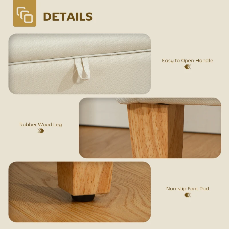 HOMCOM 30L Linen Storage Ottoman Padded Footstool with Rubberwood Legs for Storage Box, Bed End, Shoe Bench, Seating, Beige