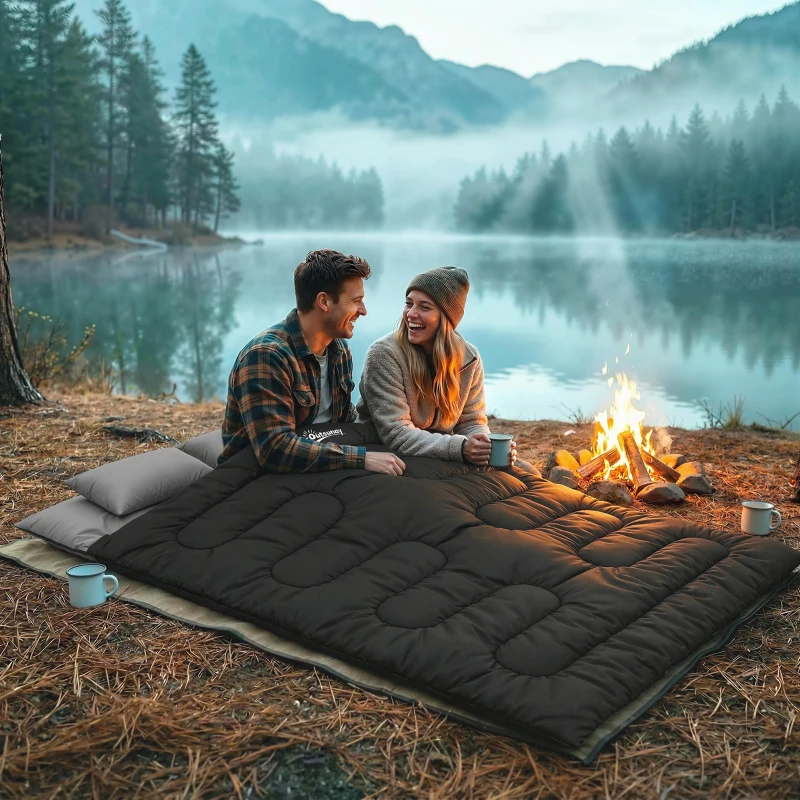 Outsunny Sac de Couchage Double, Modulable en 2 Sacs pour 2 Personnes, 2 Oreillers, Section Tête, 400 g/m², 220x160x10cm, Noir