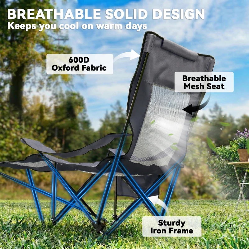 Outsunny 2-delige set opvouwbare campingstoelen met verstelbare rugleuning, voetsteun, bekerhouder, hoofdsteun, donkergrijs