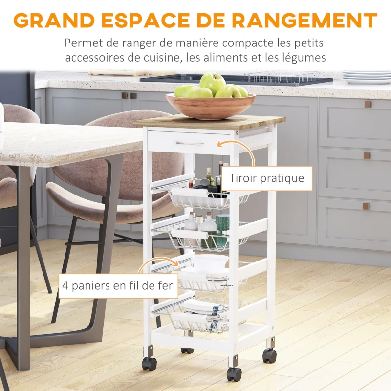 HOMCOM Multi-storage Service Cart on Wheels, 4 Metal Baskets + Drawer, Pine Wood, 37 x 37 x 82 cm, White