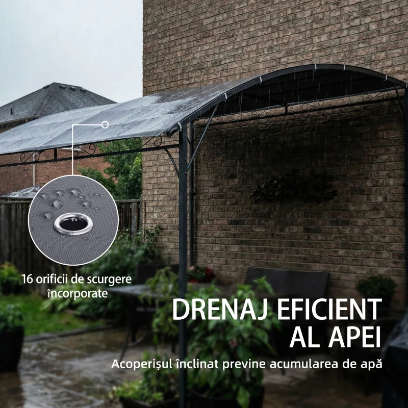Outsunny Pergolă Gazebo 3.8x2.8m cu 16 Găuri de Drenaj, Pergolă din Metal și Poliester 180g/m² cu Șuruburi, pentru Exterior, Grădină, Terasă și Patio, UV 30+, Gri