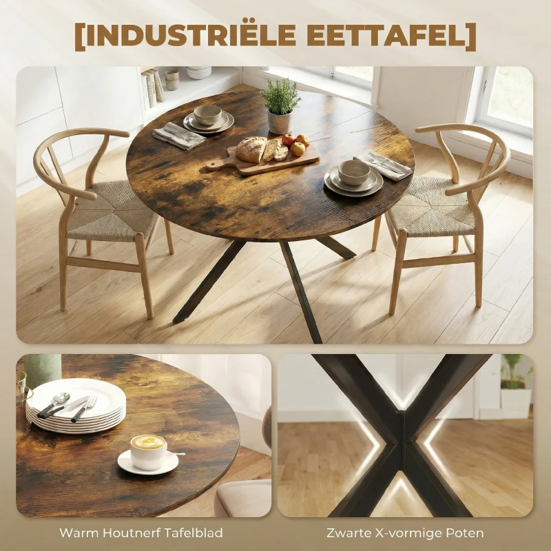 HOMCOM Ronde eettafel voor 4 personen, keukentafel in industriële stijl met stalen poten, voor eetkamer, keuken, Rustiek-Bruin