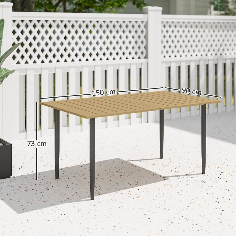 Outsunny Mesa de jardim 150x90cm, Mesa de varanda resistente às intempéries em aço, Mesa de varanda com orifício para guarda‑sol Marrom