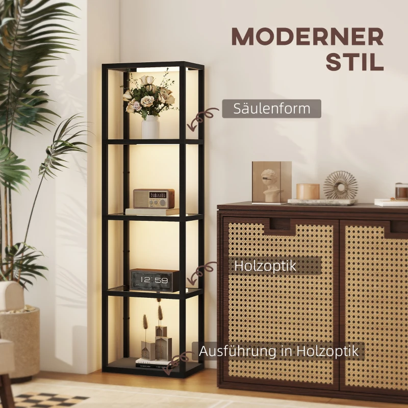 HOMCOM LED Floor Lamp with Glass Shelves, 4 Layers Dimmable Modern Standing Lamp with Foot Switch for Living Room, Bedroom, Office, Black