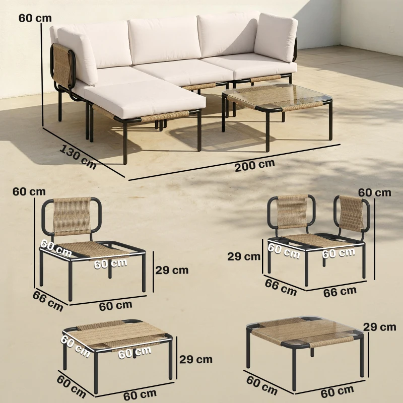 Outsunny Ensemble lounge en Polyrattan 5 pièces avec 3 fauteuils, table en verre, repose-pieds, assise large & profonde, coussins amovibles