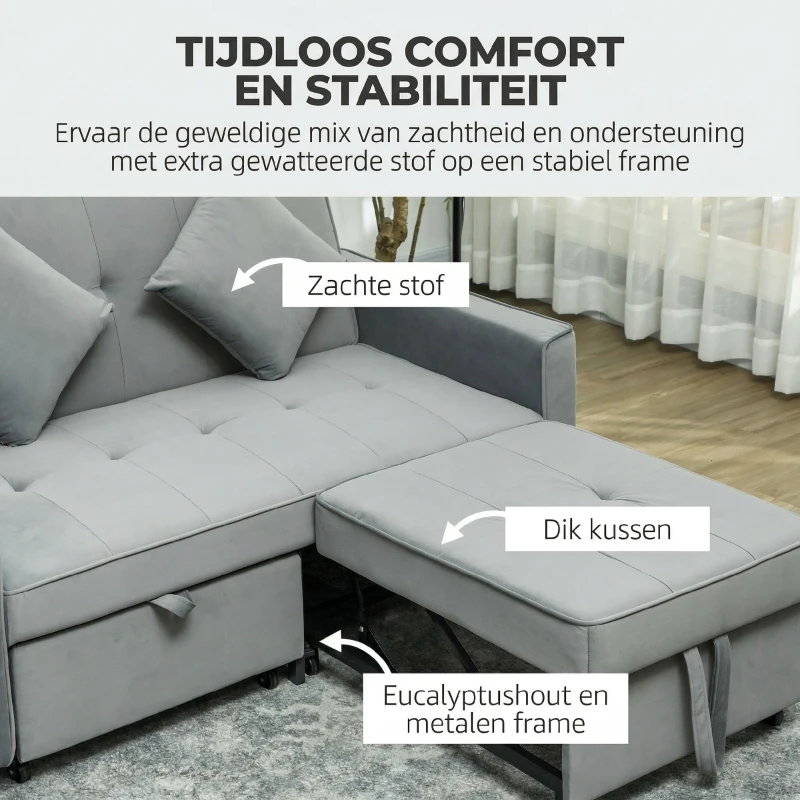 HOMCOM 4-in-1 Sofa, Verstelbare Bank, Bedbank, met Kussens, Stoffen Bekleding, voor Woonkamer, Slaapkamer, Grijs