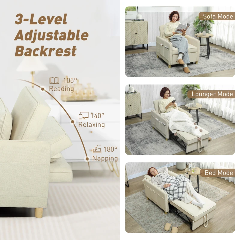 HOMCOM Fotel z funkcją spania 3 w 1, szerokie siedzisko do salonu, 85,5cm x 74cm x 82cm, beżowy