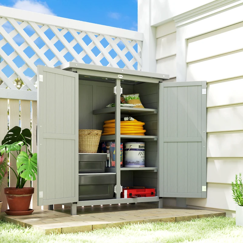 Outsunny Garden shed cabinet 3 shelves 2 doors galvanized waterproof metal roof solid wood 75 x 40 x 90 cm gray