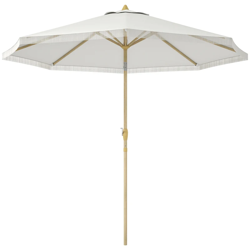 Outsunny Tilting Garden Parasol with Crank and Fringe, Bohemian Style, 8 Ribs, Ø 265 x 244 cm, White