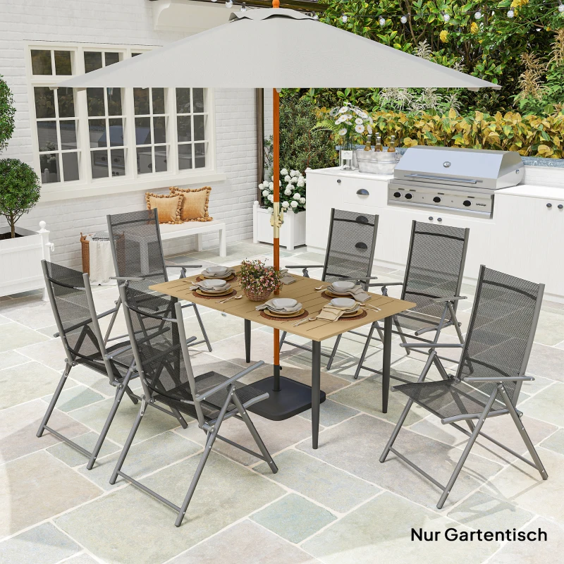 Outsunny Mesa de jardim 150x90cm, Mesa de varanda resistente às intempéries em aço, Mesa de varanda com orifício para guarda‑sol Marrom