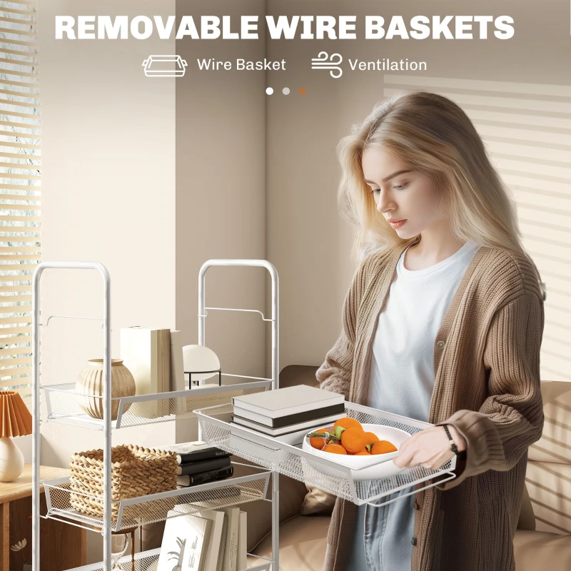 HOMCOM Five-Steel Mesh Basket Storage Trolley, with Wheels - White