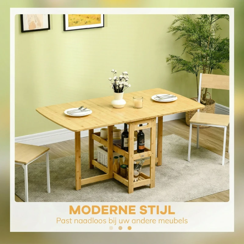 HOMCOM eettafel klaptafel met opbergvakken eetkamertafel keukentafel naturel hout(m-4)