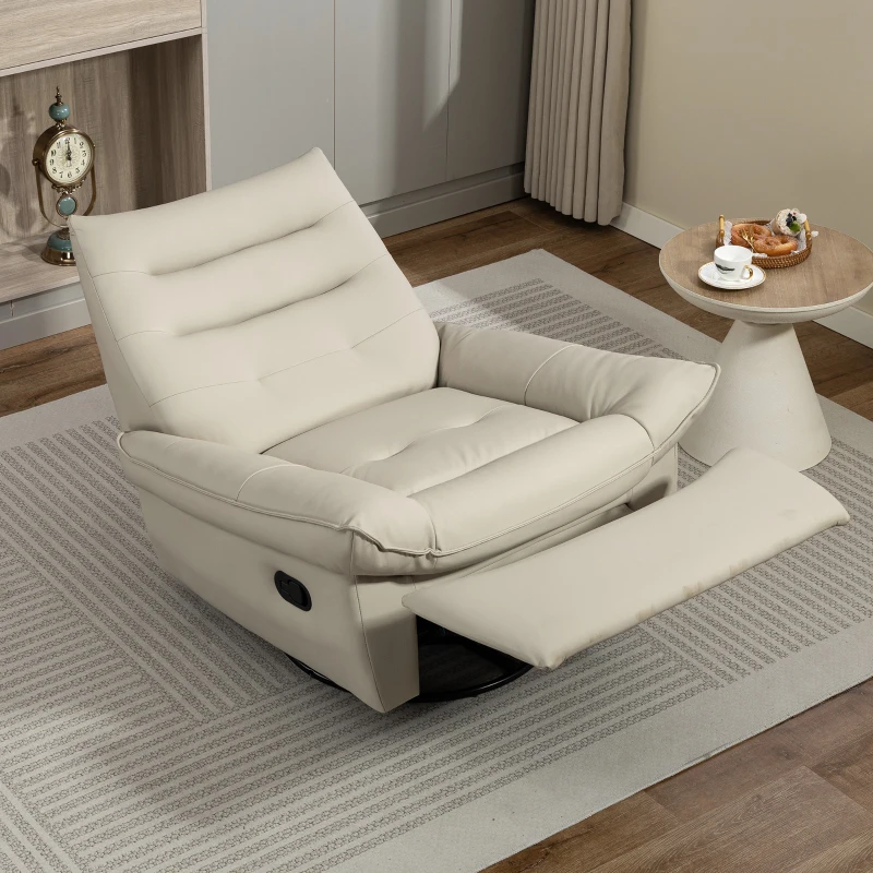 HOMCOM Sillón Relax Reclinable Giratorio Función Balancín Tapizado en PU Reposapiés Asiento Amplio Acolchado Grueso Crema