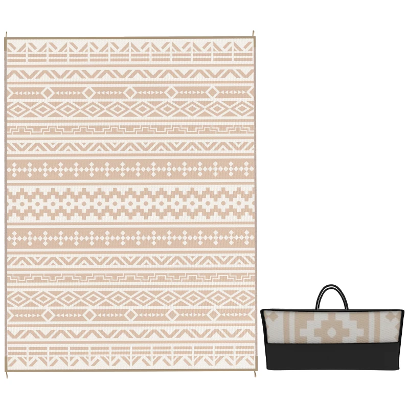 Outsunny Reversible Outdoor Rug 3.7 x 2.7 m, Geometric Wall-Pattern PP Floor Mat Carry Bag Khaki and Light Beige
