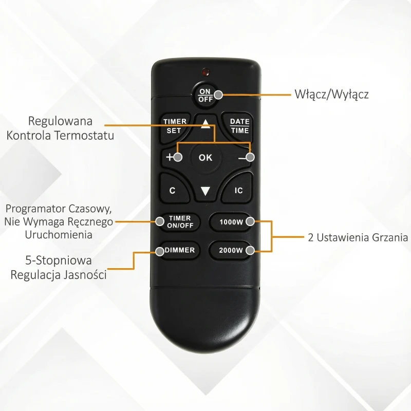 HOMCOM Elektryczny kominek, 2 poziomy mocy, pilot, timer, realistyczny efekt płomienia, czarno-biały
