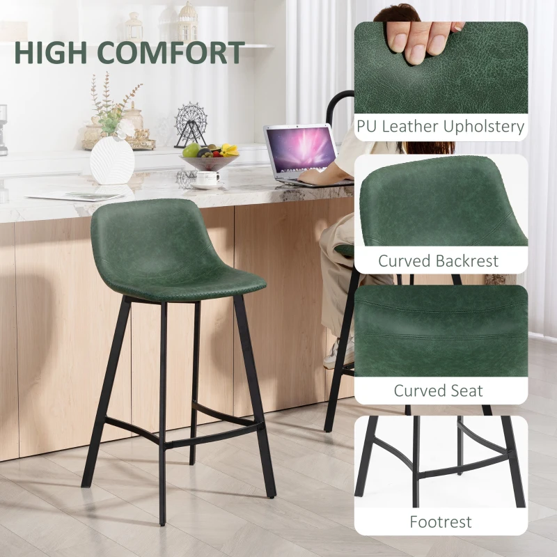 HOMCOM Bar Stools Set of 2, PU Leather Dining Stools with Backrest, Footrest, for Kitchen, Counter, Breakfast Bar, Green