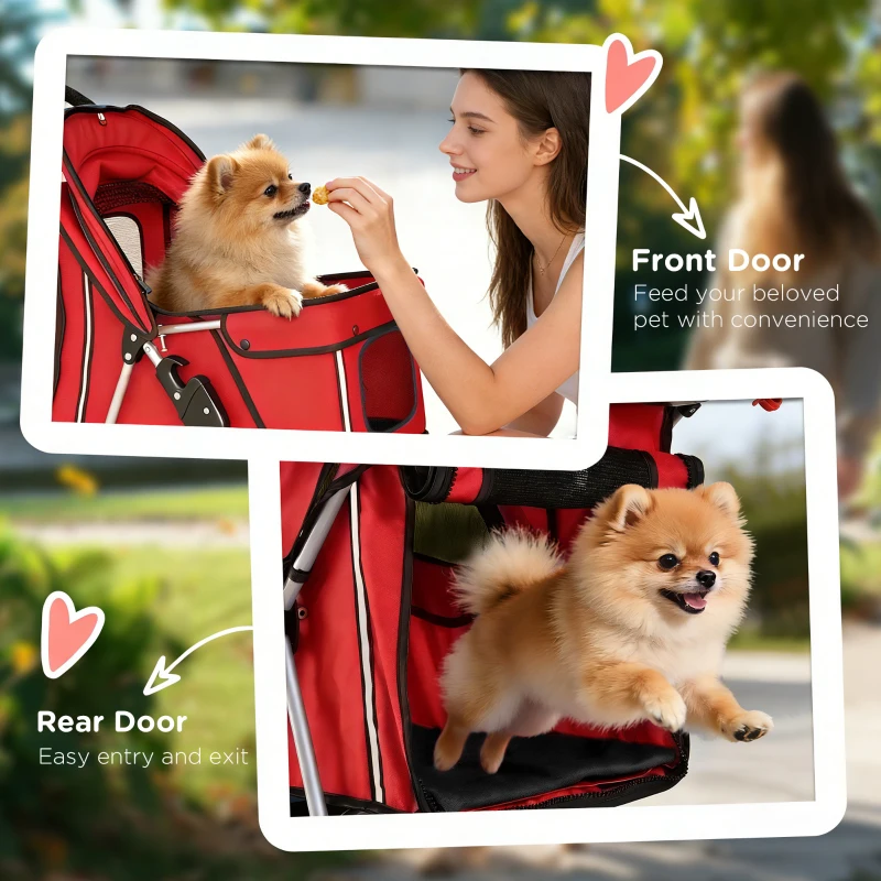 PawHut Dog Pram, Pet Stroller with Reflective Strips, Foldable Cat Stroller with 360° Swivel Wheels, Red