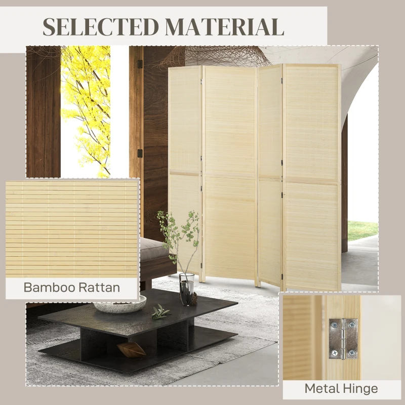 HOMCOM Room Divider, Freestanding Privacy Screen, 4 Panel Folding, 180 x 180cm, Natural