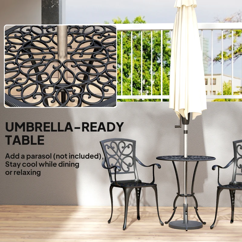 Outsunny 3-częściowy zestaw bistro ogrodowy okrągły stół z 2 krzesłami otwór na parasol, antyczny z odlewu aluminium