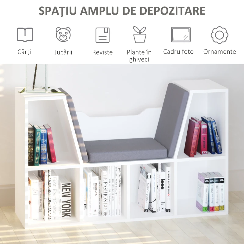 HOMCOM Bibliotecă Raft 2 în 1 cu Perne Moi și 6 Compartimente, Mobilier Multifuncțional pentru Cărți și Jocuri, Raft cu 6 Cuburi pentru Living, Dormitor și Birou, 102x30x61 cm, Alb