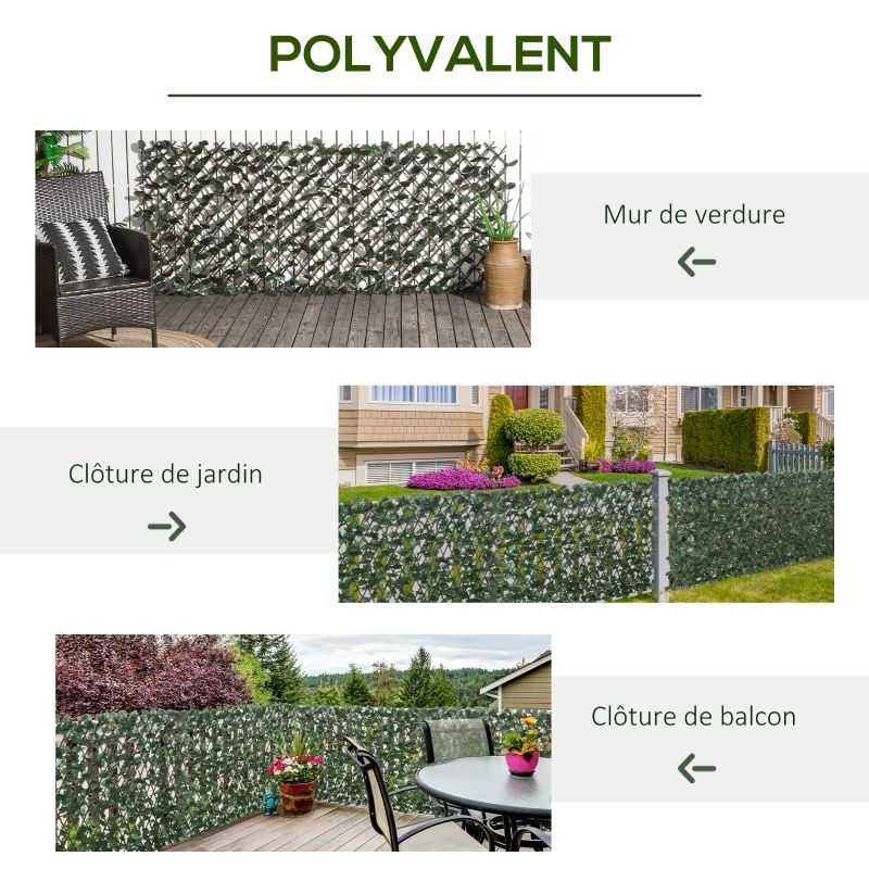 Outsunny Artificial leaf hedge wall privacy screen 2 panels adjustable length 295 x 70 cm expandable trellis in green PE