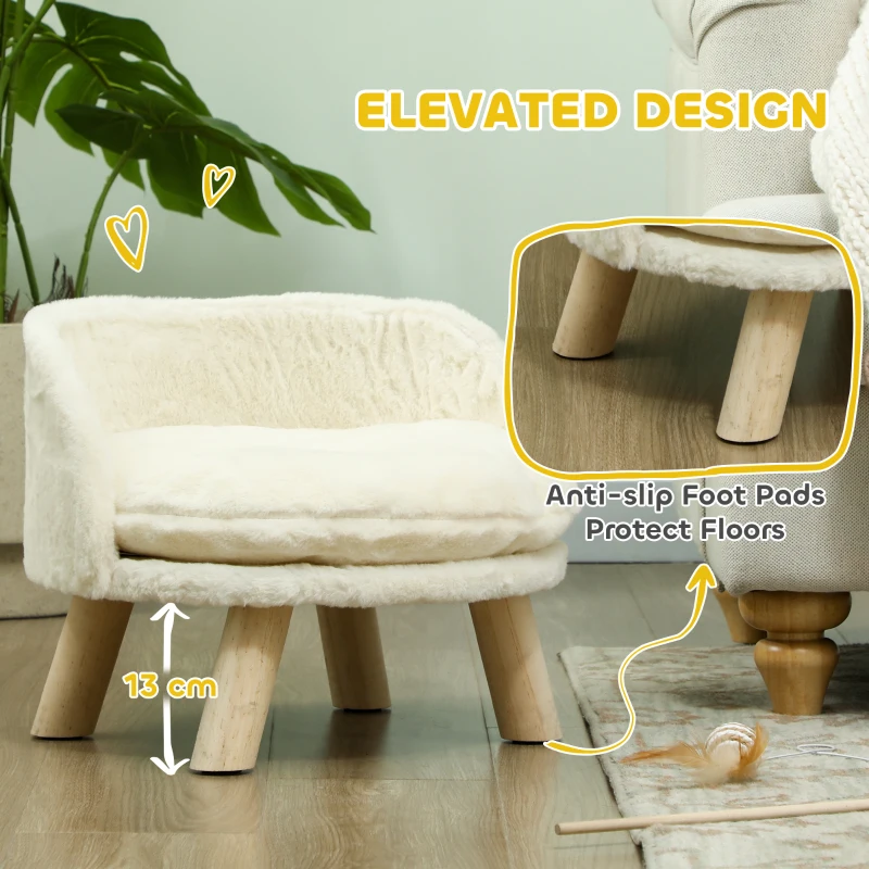 PawHut Sofa dla psa z poduszką, drewniane nogi, zmywalne podwyższone łóżko dla zwierząt, sofa dla kotów i miniaturowych psów, 40,5 x 40,5 x 33 cm, kremowa