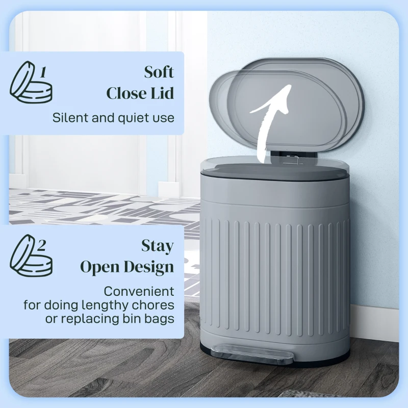 HOMCOM Kosz na śmieci 20L z pedałem, pokrywą, wyjmowanym pojemnikiem wewnętrznym, mechanizm Soft-Close, 36,5 x 31,2 x 45 cm, szary